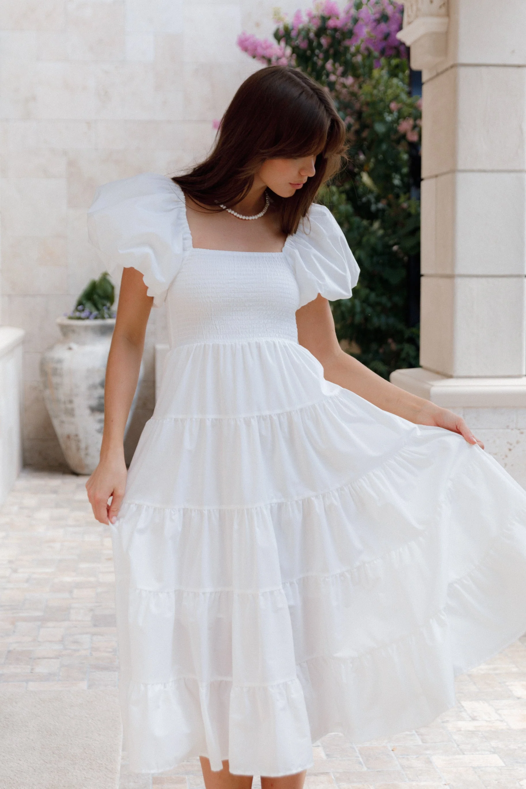 Annette Puff Sleeve Shirred Midi Dress - White - Image 9